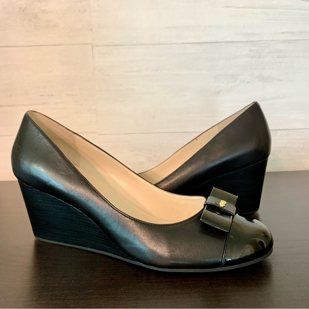 Cole Haan Black Wedge Pumps with Bow Accent